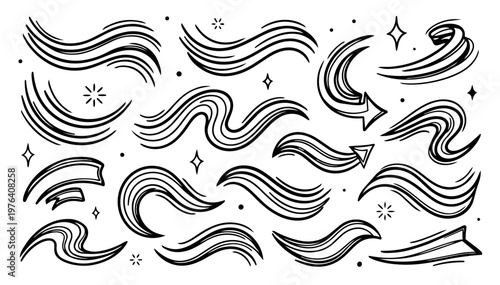 Hand drawn doodle dynamic flow lines set, energetic sketchy ink pen vector accents