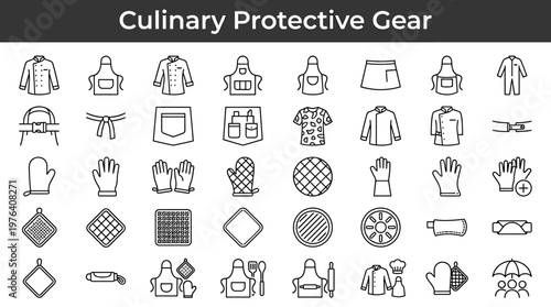 Protective kitchen wear featuring cook garment, professional cook garment, pastry garment, grill garment, storage pocket garment,