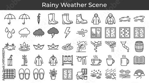 Wet weather atmosphere featuring rain shelter item, extended rain shelter item, folded rain shelter item, waterproof footwear item