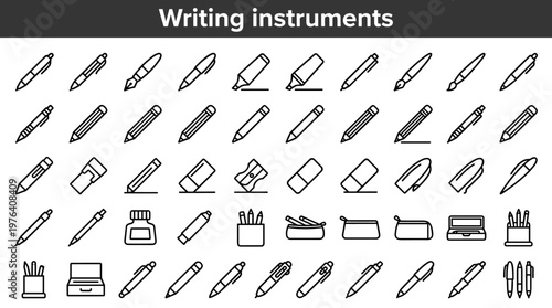 Writing instruments line style icons, 40 distinct items including ballpoint pen, gel pen, fountain pen, rollerball pen, marker,