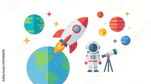 Astronaut standing with telescope outdoors.