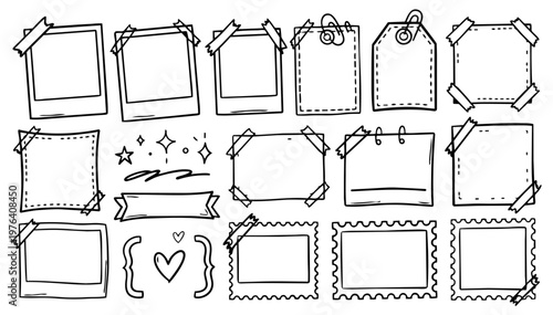 Hand drawn doodle scrapbook style decorations set, clean natural ink pen elements, smooth confident outline vector illustrations