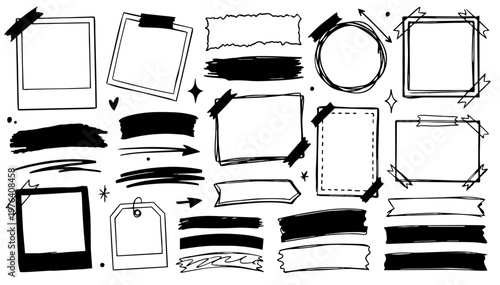 Hand drawn doodle scrapbook strokes set, playful sketchy ink pen accents, expressive vector elements, isolated on white background