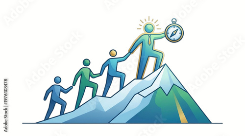 People Reaching Mountain Peak Together Success.
