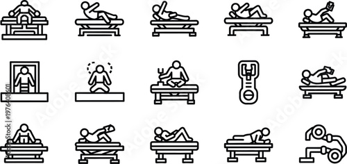 Black and white line icons of people getting massage therapy and physiotherapy on a table or bed with different poses and techniques used by therapist  various scenes