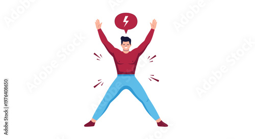 Cartoon man, energetic pose, throwing red lightning bolt, dynamic illustration, colorful vector graphic