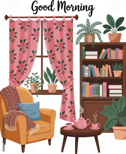 Cozy morning illustration, armchair bookshelf floral curtains and hot tea with good morning text for home interior lifestyle design.