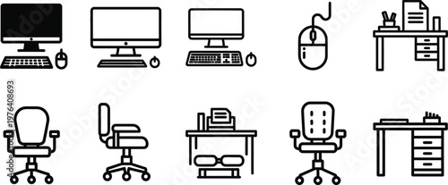 Office furniture and computer equipment icons  various desk chairs monitors keyboards computer mice and office desks for business workspace organization