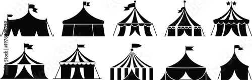 Collection of black silhouette circus tents with flags