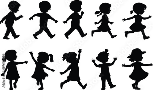 Kids silhouettes running and playing collection children activity playful poses happy childhood movement isolated vector illustration set on white