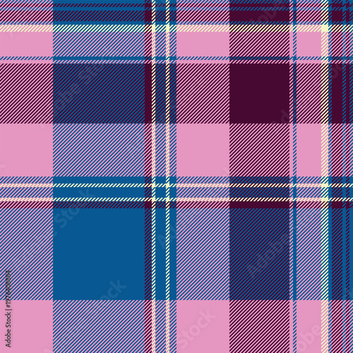 Male fabric plaid background, duvet seamless tartan textile. 40s texture check vector pattern in cyan and pink colors.