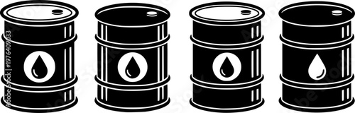 Set of 4 Black Oil Barrel Icons Vector Illustration with Petroleum Drop Symbol for Energy Industry and Fuel Storage
