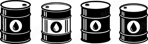 Set of 4 Black Oil Barrel Icons Vector Illustration with Petroleum Drop Symbol for Energy Industry and Fuel Storage
