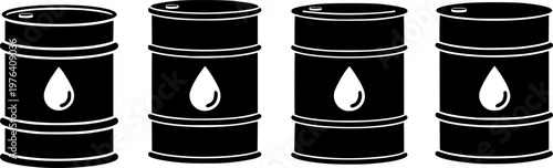 Set of 4 Black Oil Barrel Icons Vector Illustration with Petroleum Drop Symbol for Energy Industry and Fuel Storage
