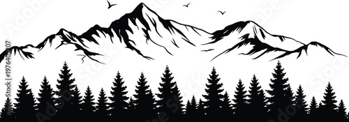 Mountain landscape silhouette with pine forest, flying birds, nature scenery illustration, black and white wilderness vector, outdoor adventure design