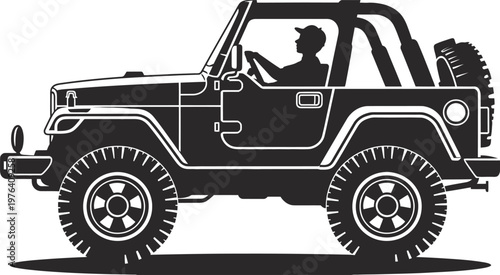 Off road jeep vehicle silhouette with driver isolated on white background, adventure travel transportation concept vector illustration rugged design style