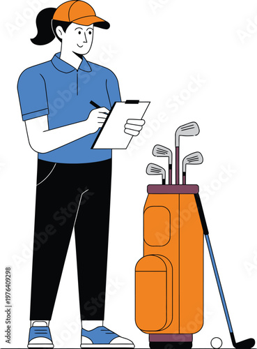 Woman golfer illustration, player recording scores on clipboard beside golf bag wearing blue polo and orange cap on course.