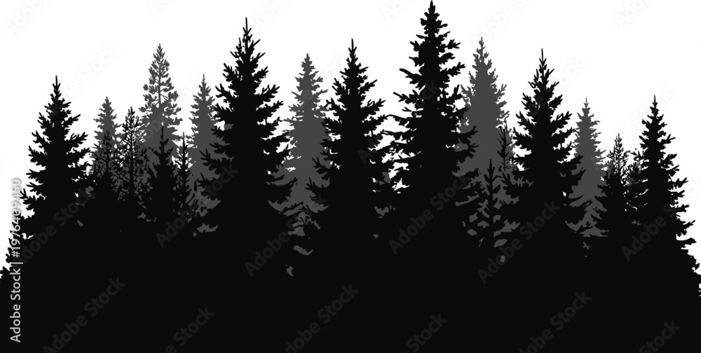 Fototapeta premium Pine forest silhouettes landscape with layered trees isolated on white background, nature woodland scenery concept vector illustration design