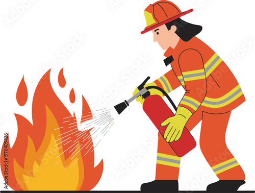 Firefighter extinguishing flames illustration, emergency worker using fire extinguisher for fire safety training, rescue operations, and hazard prevention design.