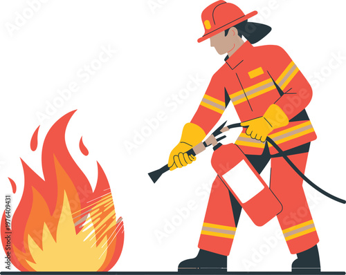 Firefighter safety illustration, emergency worker putting out flames with extinguisher for fire rescue operations, training, and hazard prevention design.