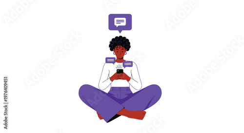 Flat design person meditating with chat bubbles, purple and white, mindfulness concept, vector illustration