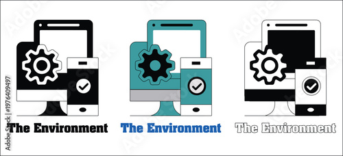 Set of AI agent environment icons featuring computer and mobile integration with custom cogwheel optimization, representing digital workflow, systems, and smart connectivity.