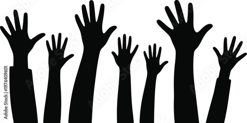 Raised hands silhouette, diverse people reaching up, volunteering support concept, crowd participation illustration, black vector isolated on white background