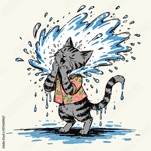 A playfull cartoon cat wearing a small floral shirt being splashed with water