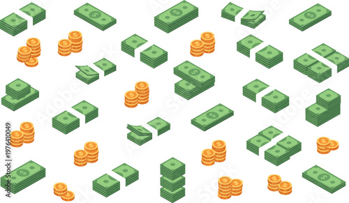 Vector illustration of isometric stacks of dollar bills and coins representing finance and wealthVector illustration of isometric stacks of dollar bills and coins representing finance and wealth