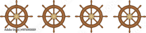 Vector illustration of nautical ship steering wheels with eight spokes in traditional maritime style