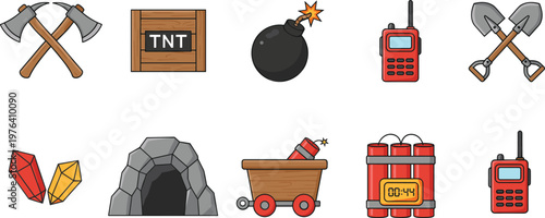 Vector illustration of mining and explosive icons including TNT, bomb, dynamite, crystals, tools, and cave entrance