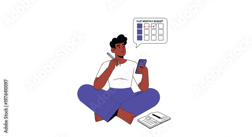Vector illustration of a man sitting with a smartphone, calculator, and notebook, thinking