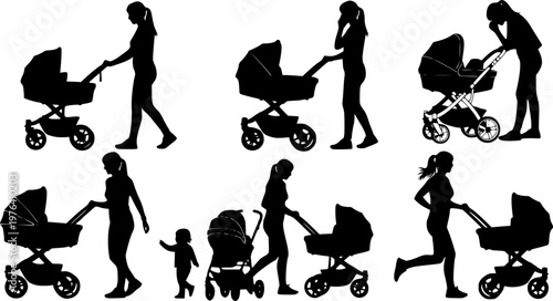 Mother pushing baby stroller silhouette set showing walking women in different poses, parenting lifestyle, childcare routine, family activity, black vector illustration isolated on white background