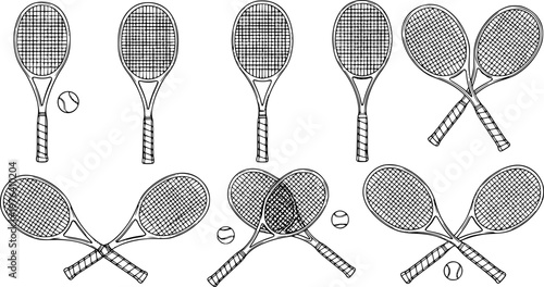 Set of tennis racket vector illustrations in black outline style, isolated sports equipment collection, hand drawn design elements for logo, print, and branding