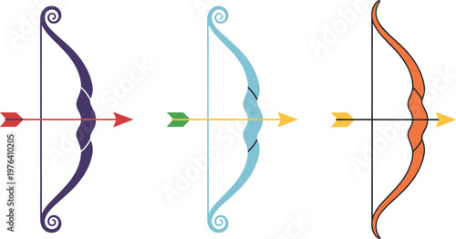 Vector illustration of stylized bows with arrows in purple, blue, and orange designs