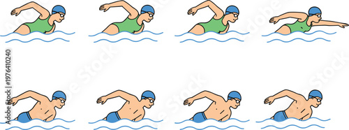 Vector illustration of swimmers performing front crawl stroke in sequence showing arm movement and body position