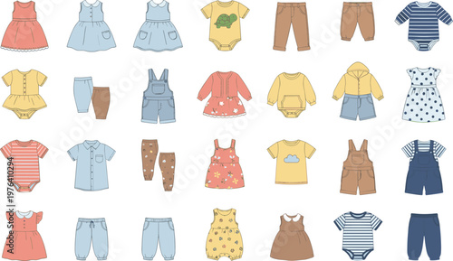 Vector illustration of baby and toddler clothing including dresses, rompers, onesies, pants, and sweaters in pastel colors