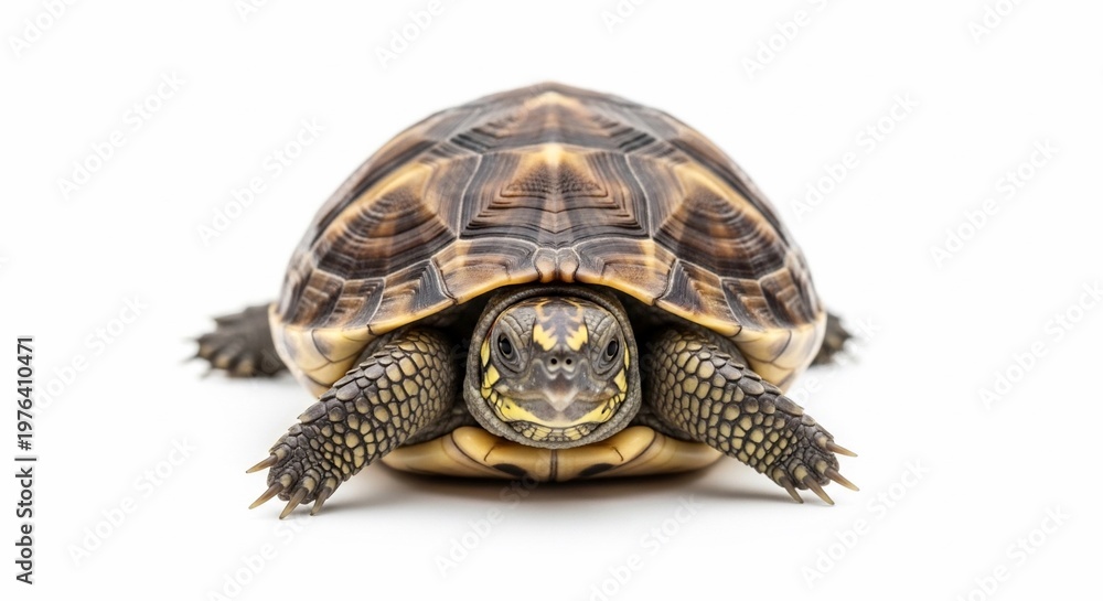 Fototapeta premium A detailed front view of a tortoise with a textured shell and visible scales on its legs, set against a clean white background.