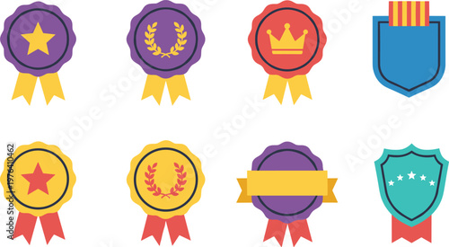 Vector illustration of colorful award badges and medals with stars, crowns, laurel wreaths, and shields