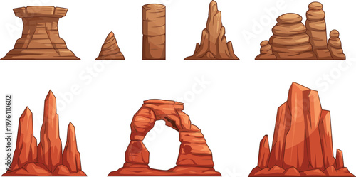 Vector illustration of desert rock formations including mesas, buttes, spires, hoodoos, and natural arches