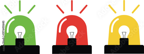 Vector illustration of emergency lights in green, red, and yellow domes with flashing signals