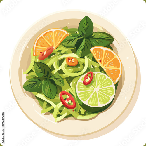Vector illustration of Thai green salad som tum with lime slices, chili peppers, and fresh herbs in a bowl, top view, isolated on a white background