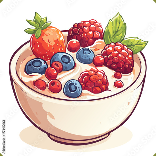 Vector illustration of yogurt bowl topped with berries and mint leaves, isolated on a white background