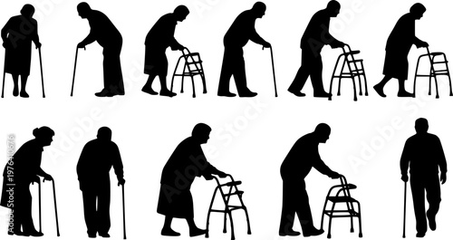 Elderly people silhouettes set, senior men and women walking with canes and walkers, black vector illustration for healthcare, aging, community design
