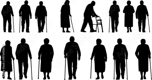 Elderly people silhouettes set, senior men and women walking with canes and walkers, black vector illustration for healthcare, aging, community design
