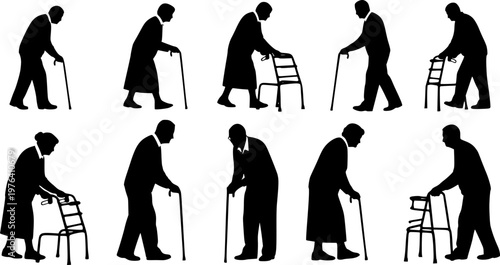 Elderly people silhouettes set, senior men and women walking with canes and walkers, black vector illustration for healthcare, aging, community design
