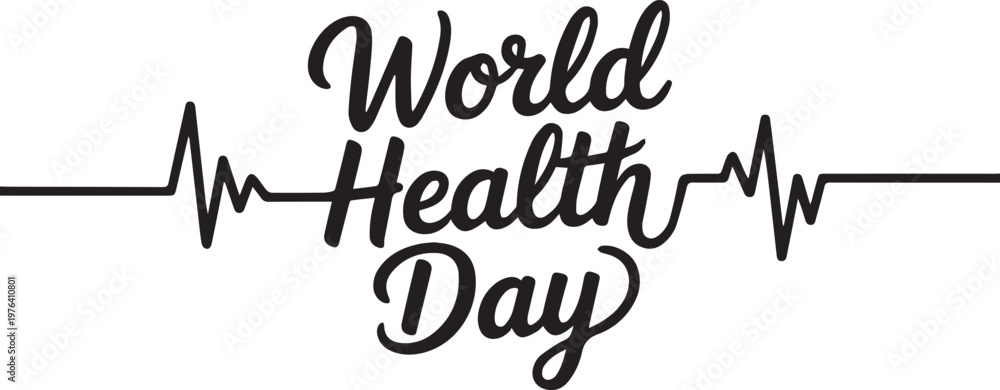 Naklejka premium World Health Day cursive text with heartbeat line awareness vector illustration
