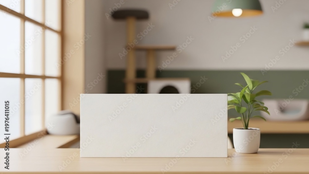 Fototapeta premium Blank White Card on Wooden Table Near Window.