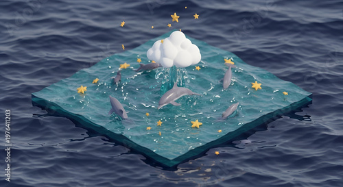 Dolphins playing in ocean waves with clouds and stars, a whimsical scene perfect for children's stories or fantasy concepts