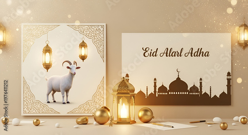 Eid al-Adha greeting with goat illustration and mosque silhouette, festive lanterns and golden ornaments, Islamic holiday celebration